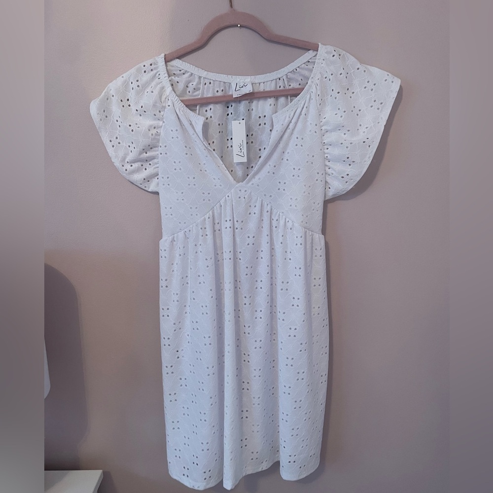 V-Neck Babydoll White floral eyelet mini dress - livi by Olivia Rae